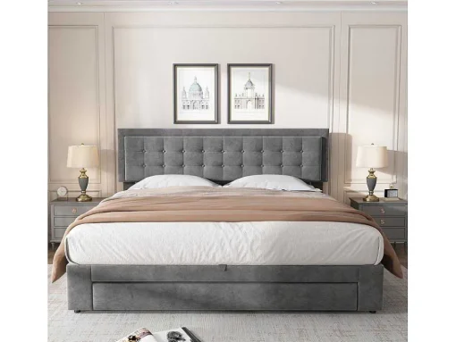 Gewatteerd Opbergbed 160X200Cm In Fluweel Met Lade + Lattenbodem - Grijs (Zonder Matras)