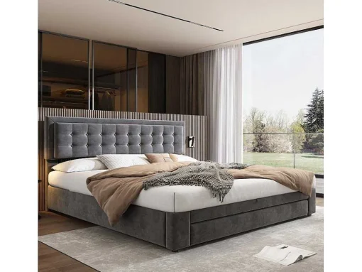 Gewatteerd Opbergbed 160X200Cm In Fluweel Met Lade + Lattenbodem - Grijs (Zonder Matras)