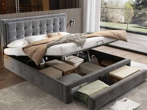 Gewatteerd Opbergbed 160X200Cm In Fluweel Met Lade + Lattenbodem - Grijs (Zonder Matras)