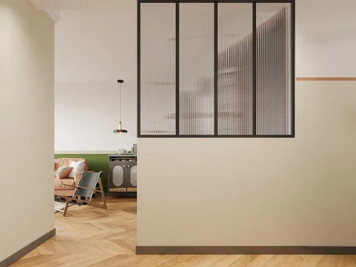 Glazen Designbinnenraam Van Gepoederlakt Aluminium En Gehard Textuurglas 120 X 105 Cm Zwart Vietra