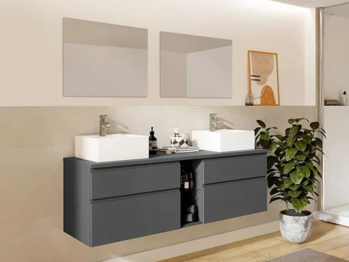 Hangend Badkamermeubel Met Dubbele Wastafel En Spiegels - Grijs - 150 Cm - Magdalena Ii