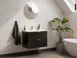 Hangmeubel Voor Badkamer Met Strepen Met Inbouwwastafel - Zwart - 80 Cm - Zevara