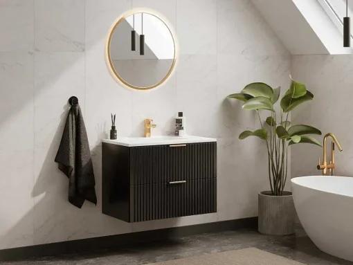 Hangmeubel Voor Badkamer Met Strepen Met Inbouwwastafel - Zwart - 80 Cm - Zevara