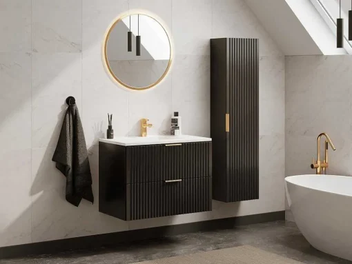 Hangmeubel Voor Badkamer Met Strepen Met Inbouwwastafel - Zwart - 80 Cm - Zevara