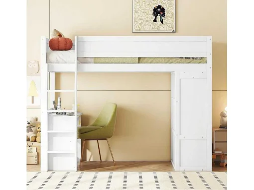 Hoogslaper 90 X 200 Cm Met Bureau + 2 Laden - Kledingkast Met Schuifdeur - Mdf Hout - Wit