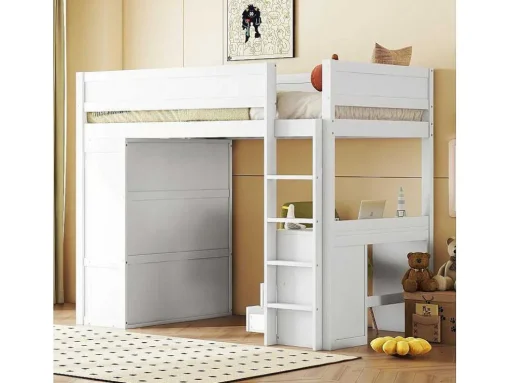 Hoogslaper 90 X 200 Cm Met Bureau + 2 Laden - Kledingkast Met Schuifdeur - Mdf Hout - Wit
