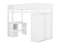 Hoogslaper 90 X 200 Cm Met Bureau + 2 Laden - Kledingkast Met Schuifdeur - Mdf Hout - Wit