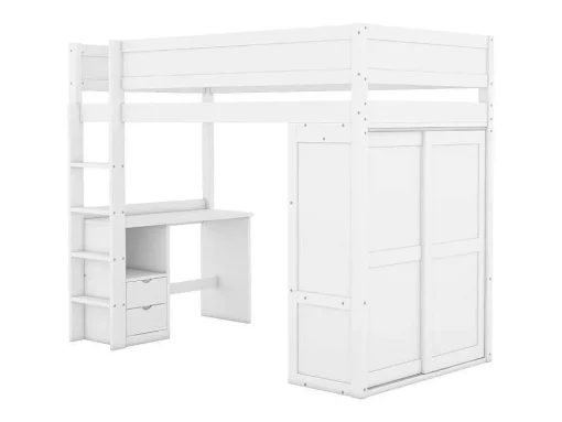 Hoogslaper 90 X 200 Cm Met Bureau + 2 Laden - Kledingkast Met Schuifdeur - Mdf Hout - Wit