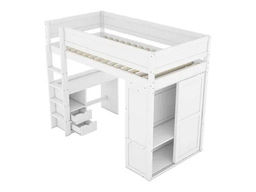 Hoogslaper 90 X 200 Cm Met Bureau + 2 Laden - Kledingkast Met Schuifdeur - Mdf Hout - Wit