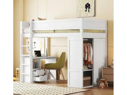 Hoogslaper 90 X 200 Cm Met Bureau + 2 Laden - Kledingkast Met Schuifdeur - Mdf Hout - Wit