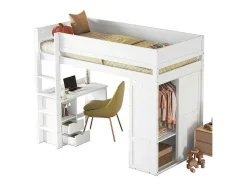 Hoogslaper 90 X 200 Cm Met Bureau + 2 Laden - Kledingkast Met Schuifdeur - Mdf Hout - Wit