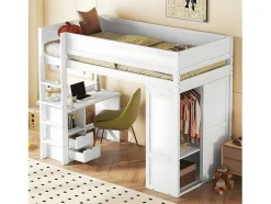 Hoogslaper 90 X 200 Cm Met Bureau + 2 Laden - Kledingkast Met Schuifdeur - Mdf Hout - Wit