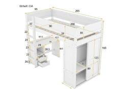 Hoogslaper 90 X 200 Cm Met Bureau + 2 Laden - Kledingkast Met Schuifdeur - Mdf Hout - Wit