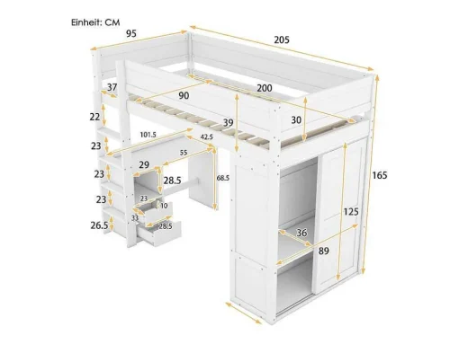 Hoogslaper 90 X 200 Cm Met Bureau + 2 Laden - Kledingkast Met Schuifdeur - Mdf Hout - Wit