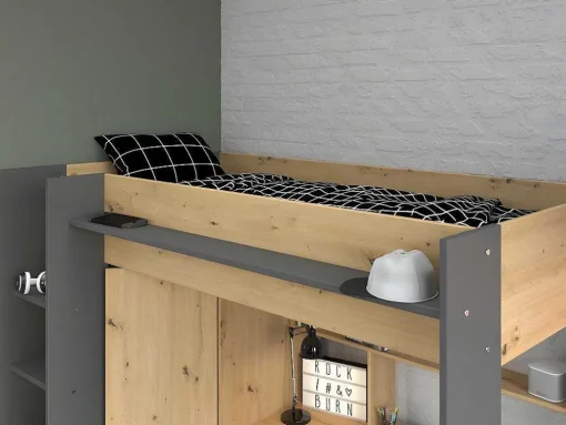 Hoogslaper Met Bureau En Kast - 90X200Cm - Naturel En Antraciet + Matras - Auckland