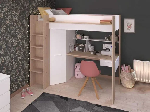 Hoogslaper Met Bureau En Kast - 90 X 200 Cm - Wit En Naturel - Auckland