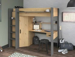 Hoogslaper Met Bureau En Kast - 90X200Cm - Naturel En Antraciet + Matras - Auckland