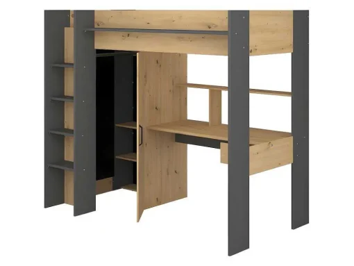 Hoogslaper Met Bureau En Kast - 90X200Cm - Naturel En Antraciet + Matras - Auckland