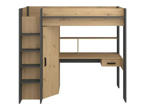 Hoogslaper Met Bureau En Kast - 90X200Cm - Naturel En Antraciet + Matras - Auckland