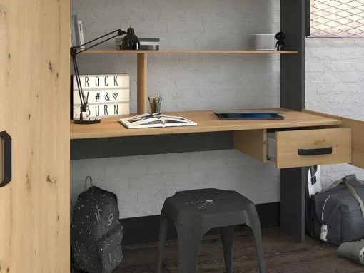Hoogslaper Met Bureau En Kast - 90X200Cm - Naturel En Antraciet + Matras - Auckland