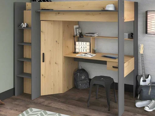 Hoogslaper Met Bureau En Kast - 90X200Cm - Naturel En Antraciet + Matras - Auckland