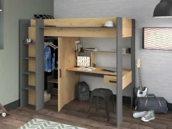 Hoogslaper Met Bureau En Kast - 90X200Cm - Naturel En Antraciet + Matras - Auckland