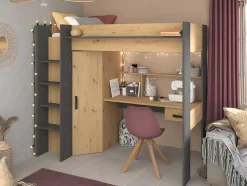 Hoogslaper Met Bureau En Kast - 90X200Cm - Naturel En Antraciet + Matras - Auckland