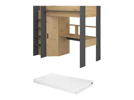 Hoogslaper Met Bureau En Kast - 90X200Cm - Naturel En Antraciet + Matras - Auckland