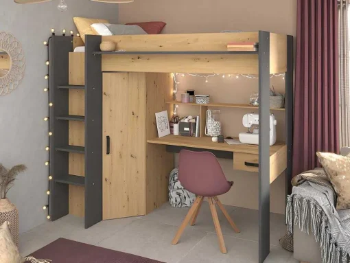 Hoogslaper Met Bureau En Kast - 90X200Cm - Naturel En Antraciet - Auckland