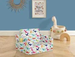 Kinderfauteuil Van Fluweel Met Dinosaurus Motieven - Wit - Almagro