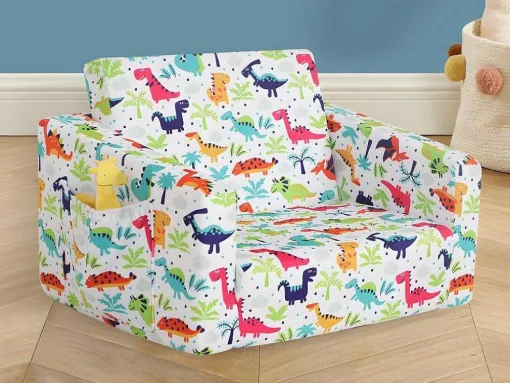 Kinderfauteuil Van Fluweel Met Dinosaurus Motieven - Wit - Almagro