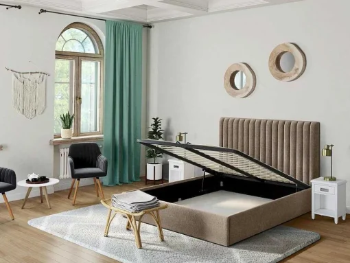 Kofferbed En Hoofdeinde Met Verticale Stiksels - 180 X 200 Cm - Stof - Beige - Sarah