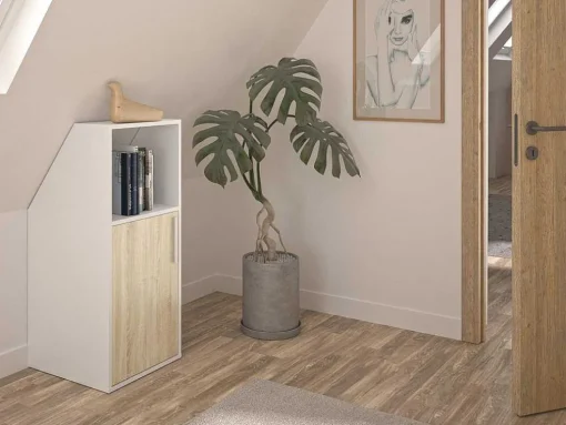 Meubel Voor Onder Een Hellend Dak 1 Deur En 1 Nis - Wit En Naturel - Adezio