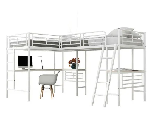 Mezzaninebed - 2 Bedden 90X200 Cm - 2 Bureaus Onder Het Bed - Wit