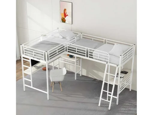 Mezzaninebed - 2 Bedden 90X200 Cm - 2 Bureaus Onder Het Bed - Wit