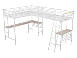 Mezzaninebed - 2 Bedden 90X200 Cm - 2 Bureaus Onder Het Bed - Wit