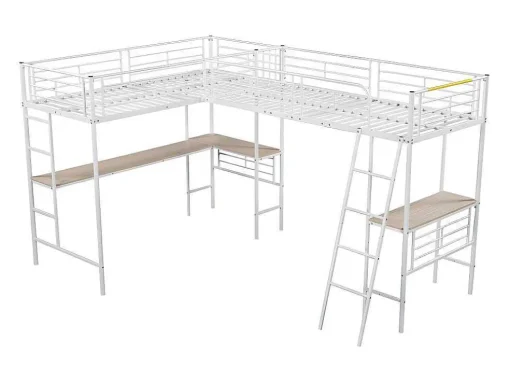 Mezzaninebed - 2 Bedden 90X200 Cm - 2 Bureaus Onder Het Bed - Wit