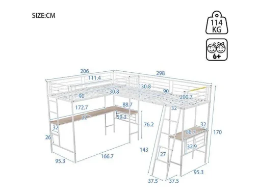 Mezzaninebed - 2 Bedden 90X200 Cm - 2 Bureaus Onder Het Bed - Wit