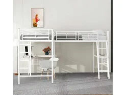 Mezzaninebed - 2 Bedden 90X200 Cm - 2 Bureaus Onder Het Bed - Wit