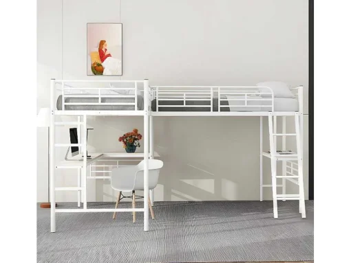 Mezzaninebed - 2 Bedden 90X200 Cm - 2 Bureaus Onder Het Bed - Wit