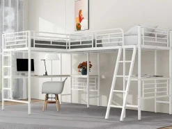 Mezzaninebed - 2 Bedden 90X200 Cm - 2 Bureaus Onder Het Bed - Wit
