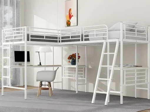 Mezzaninebed - 2 Bedden 90X200 Cm - 2 Bureaus Onder Het Bed - Wit