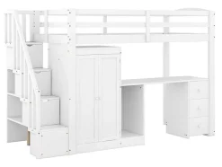 Mezzaninebed 90 X 200 Met Kledingkast En Trap, Bureau En Lades - Grenen + Mdf - Wit