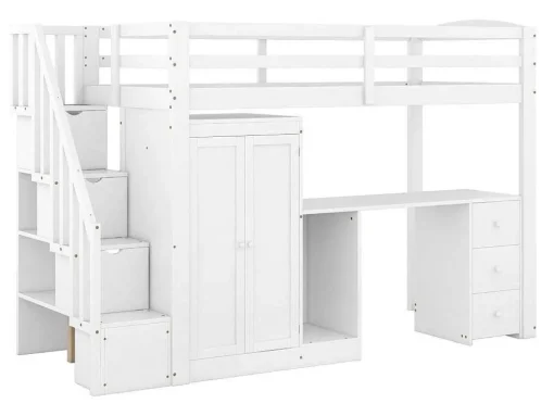 Mezzaninebed 90 X 200 Met Kledingkast En Trap, Bureau En Lades - Grenen + Mdf - Wit