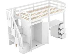 Mezzaninebed 90 X 200 Met Kledingkast En Trap, Bureau En Lades - Grenen + Mdf - Wit