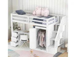 Mezzaninebed 90 X 200 Met Kledingkast En Trap, Bureau En Lades - Grenen + Mdf - Wit