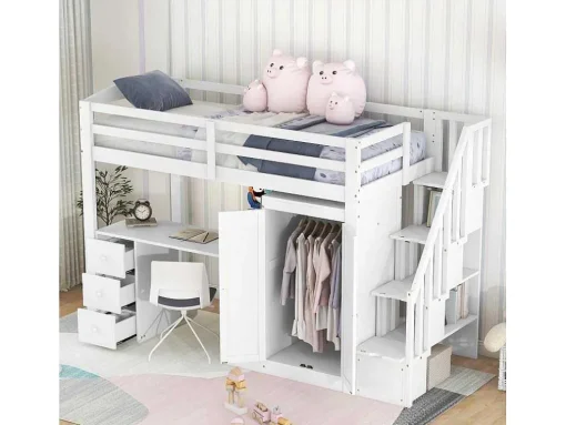 Mezzaninebed 90 X 200 Met Kledingkast En Trap, Bureau En Lades - Grenen + Mdf - Wit