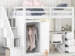 Mezzaninebed 90 X 200 Met Kledingkast En Trap, Bureau En Lades - Grenen + Mdf - Wit