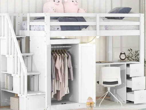 Mezzaninebed 90 X 200 Met Kledingkast En Trap, Bureau En Lades - Grenen + Mdf - Wit