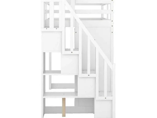 Mezzaninebed 90 X 200 Met Kledingkast En Trap, Bureau En Lades - Grenen + Mdf - Wit